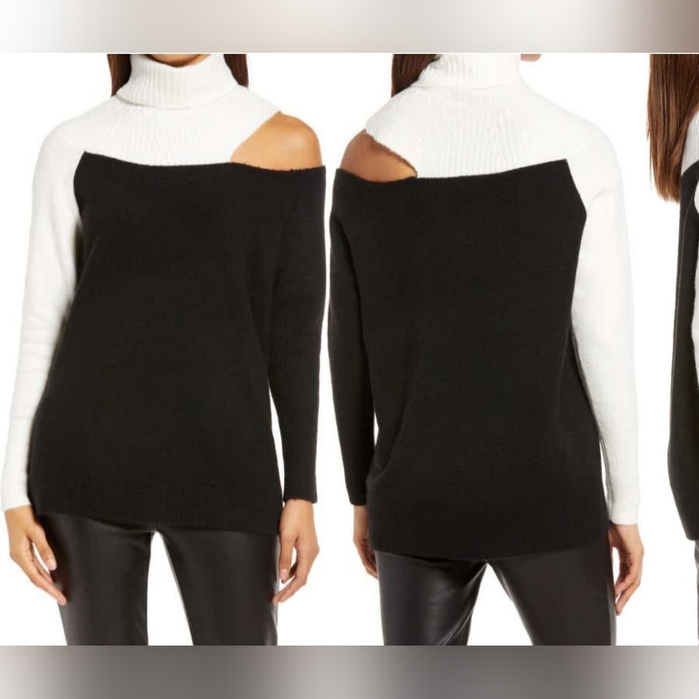 Halogen Mixed Cold Shoulder Colorblock Sweater